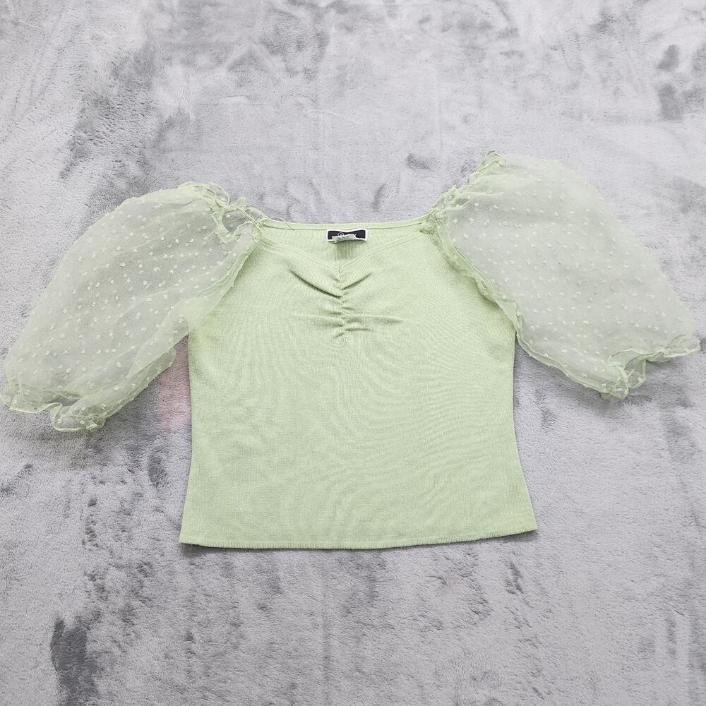 Vivid Top Womens L Green Sheer Swiss Dot‎ Puff Sleeves Crop Stretch Whimsycore